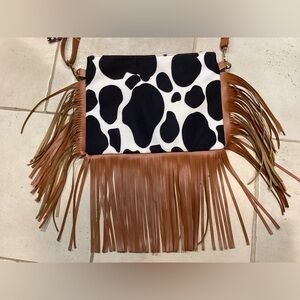 Katie BG Cow Print & Fringe Handbag